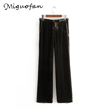 

Miguofan Solid Black wide leg Pants Women Soft Velvet Pants 2019 Autumn-Winter Simple Loose Elegant Pockets casual Long Pants