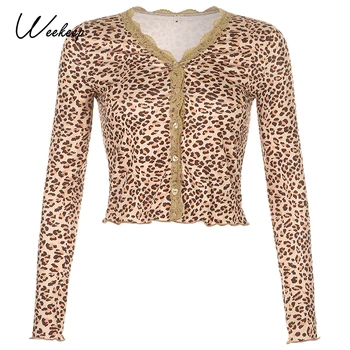 

Weekeep Leopard Print Lace Edge T-shirts Streetwear Fashion Autumn Buttons Cardigan Slim V-neck Ladies Tshirt Cardigans Harajuku