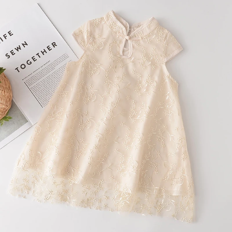

Chinese Style Girl Princess Dress Baby Summer Girls Dress For kids Clothes Short Sleeve Cotton Flowers Princess Cute Dresses