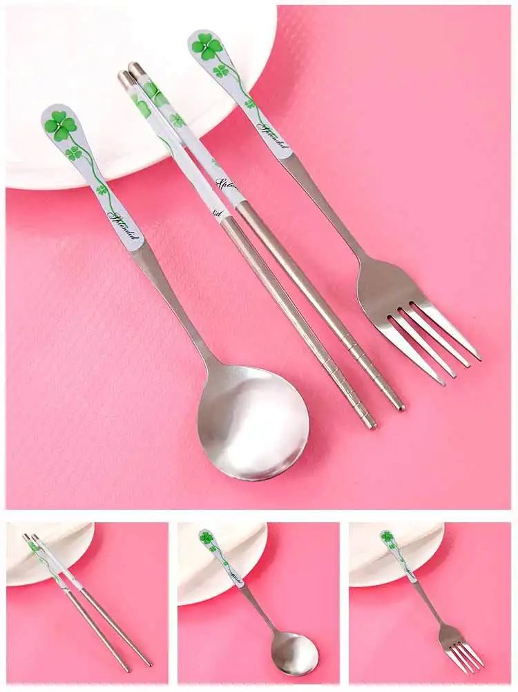 Portable Chinese-style Tableware Three-piece Set Stainless Steel Cutlery Chopsticks Spoon Fork Tableware Set Wholesale