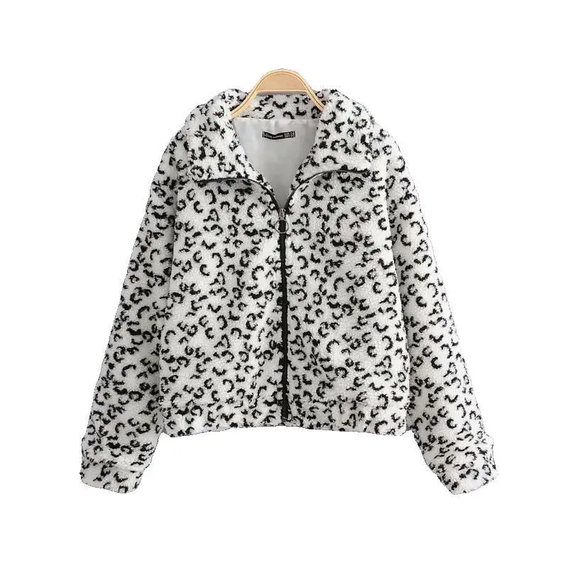 

Lambs Wool Leopord Pattern Printed Coat 2019 Autumn Europe And America Long Sleeve Fold-down Collar Loose-Fit Women's Zipper Jac