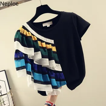 

OUSHANG Ruffles Patchwork Summer 2020 Women Top New Fashion O-Neck Half Sleeve Tees Korean Loose T Shirts