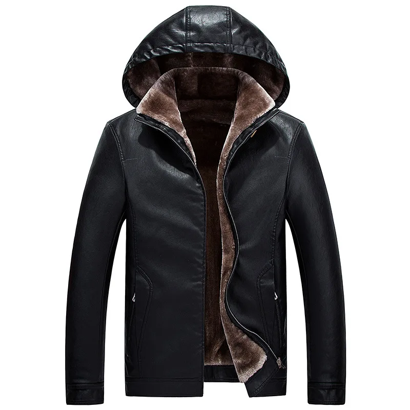 

Men Winter Thick Leather Jackets Coats New Black PU Hooded Leather Jacket for Men Slim Plus Velvet Leather Jackets Men Overcoat