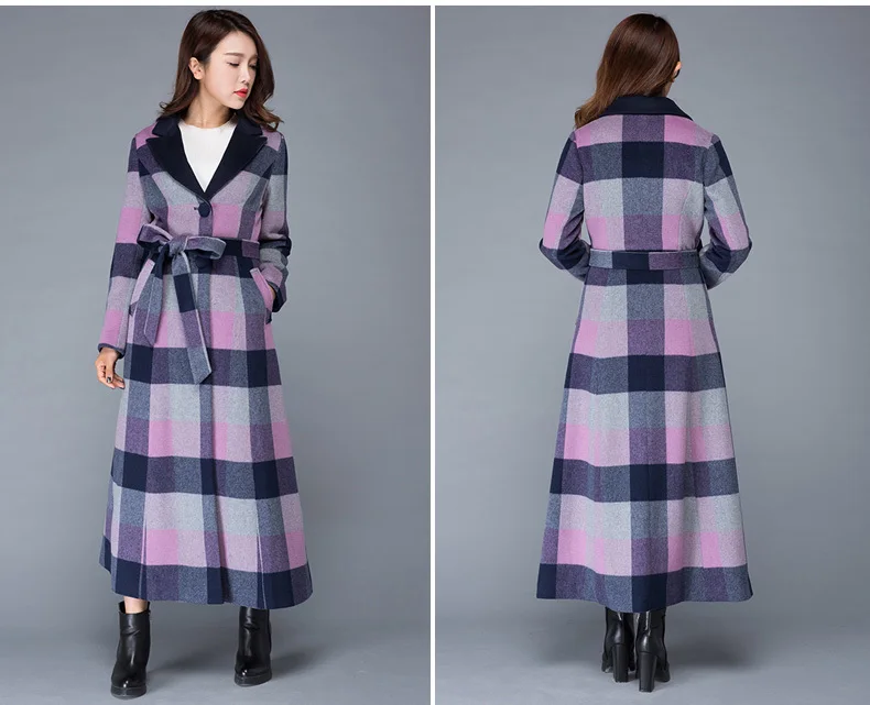 Women Plaid Long Woolen Coat Thick Warm Winter Checkered Long Sleeve Turn Down Collar Loose Straight Top Coat