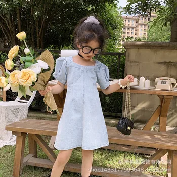 

2020 summer new girl dress wild denim dress bubble sleeve A-line dress foreign style