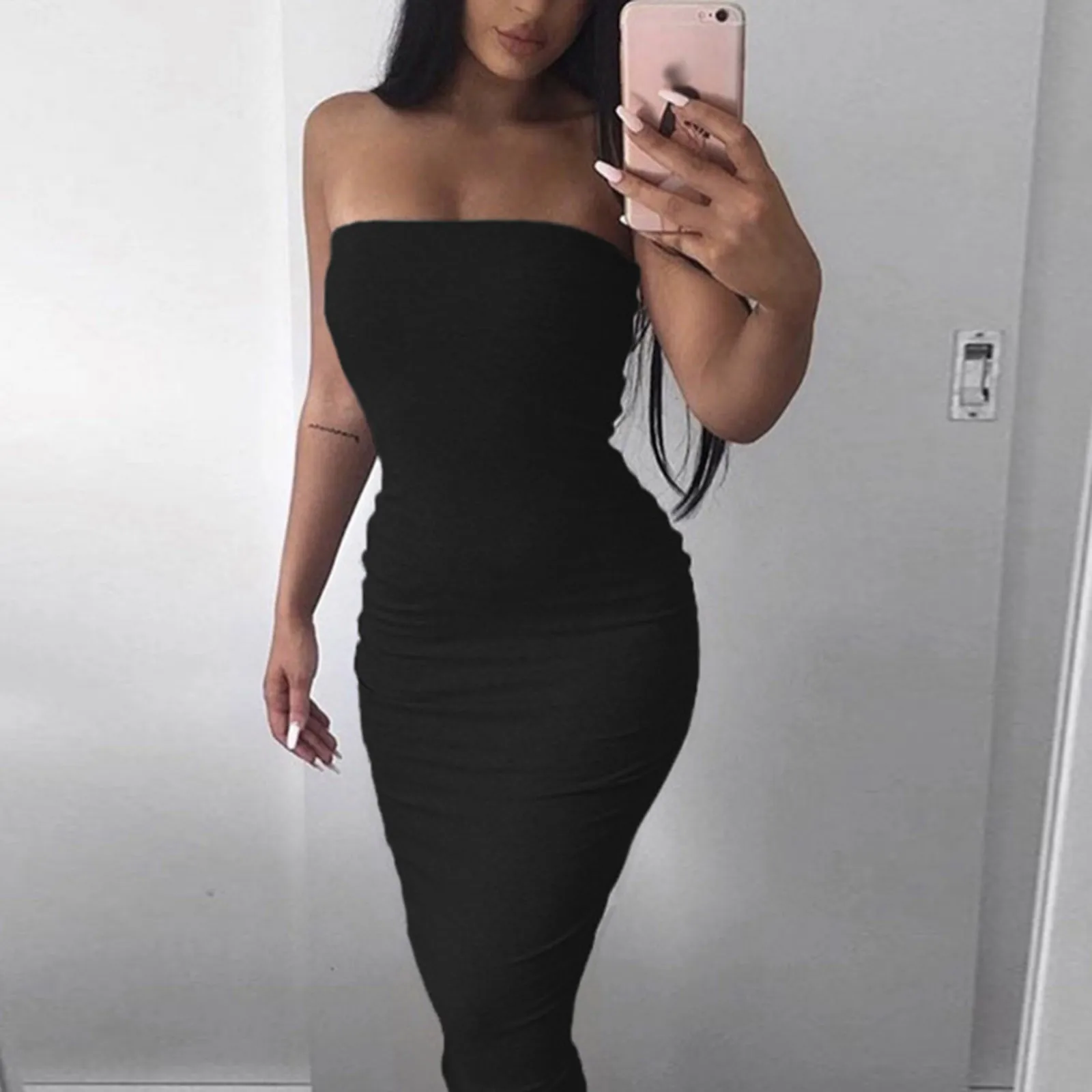 Women's Black Dress Solid Color Sexy Tube Top Dress With Backpack Hip Bodycon Dress Summer Dresses 2021 Bodycon Sukienka 1