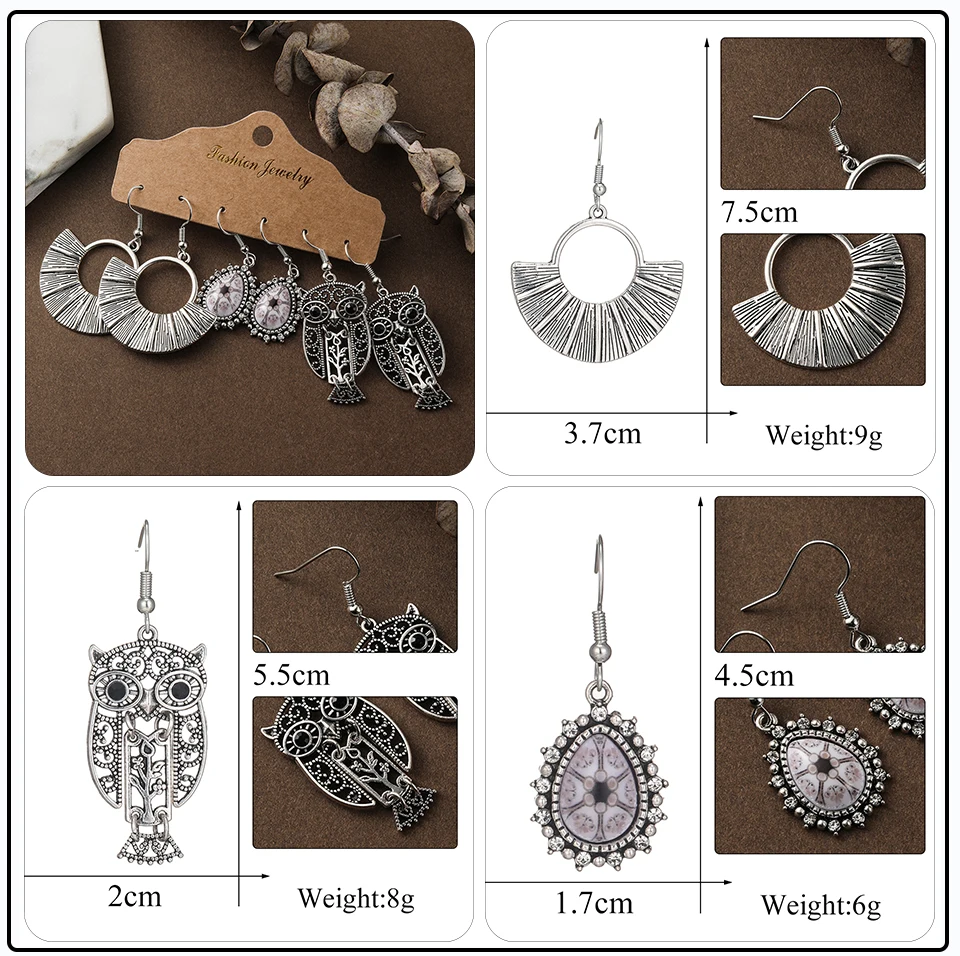 Vintage Long Leaf Flowers Butterfly Owl Wing Birds Shaped Dangling Earrings Jewelry Sets (28)