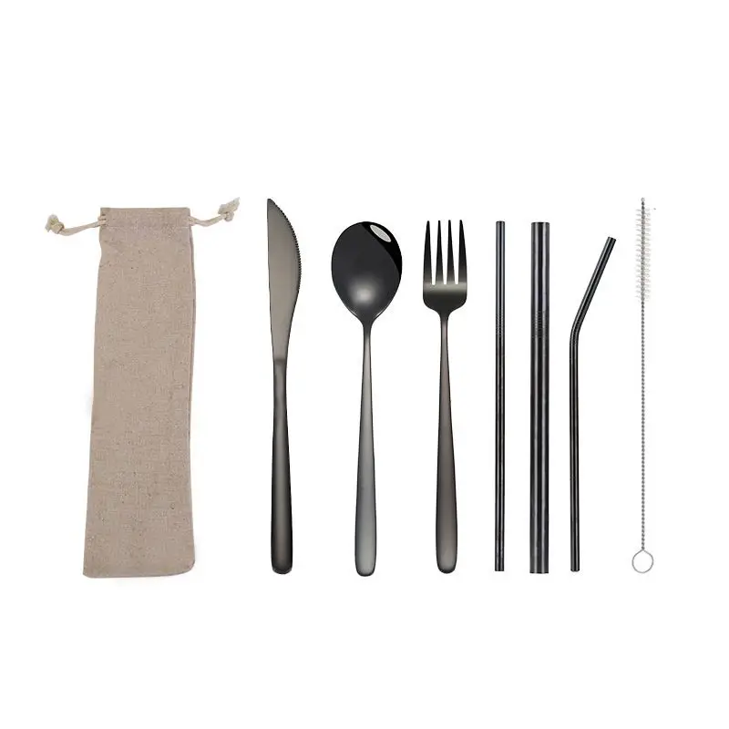 

7PCS/Set Cutlery Fork Spoon Straw Brush Set Portable Stainless Steel Travel Utensils Tableware With Linen Carrying Case Bags