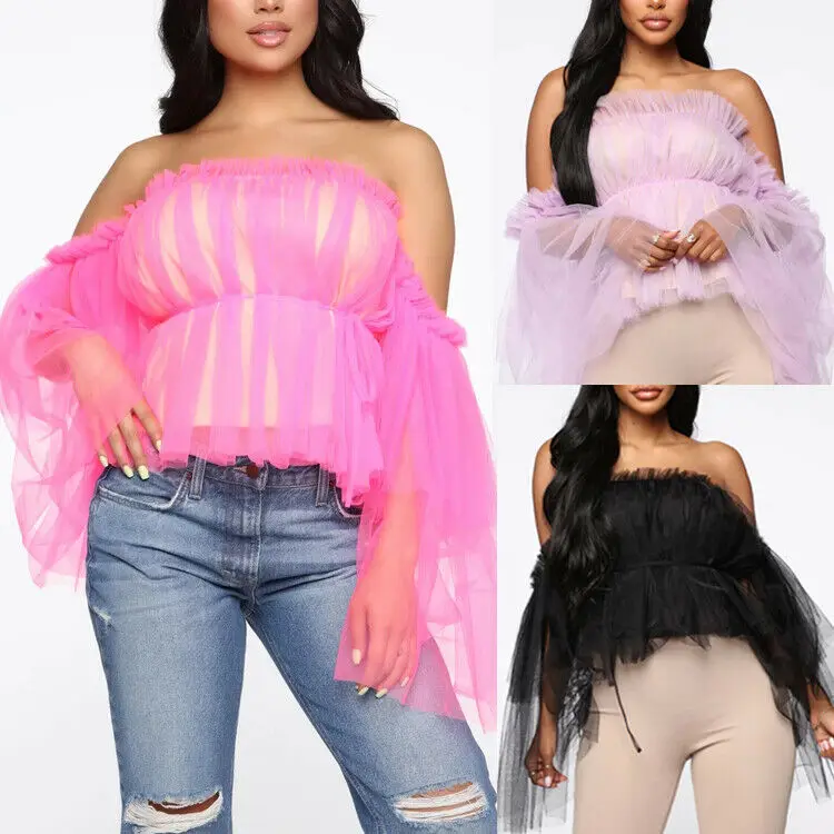 Sexy Women Off Shoulder Ruffle Shirt Tops Blouse Double Layer Mesh Party Skinny shirts for ladies black pink purple sweet girls | Женская