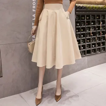 

2020 Spring Skirts Womens High Waist A Line Big Swing Midi Skirt Korean Pockets Office Lady Elegant Women Skirt Jupe Femme Falda