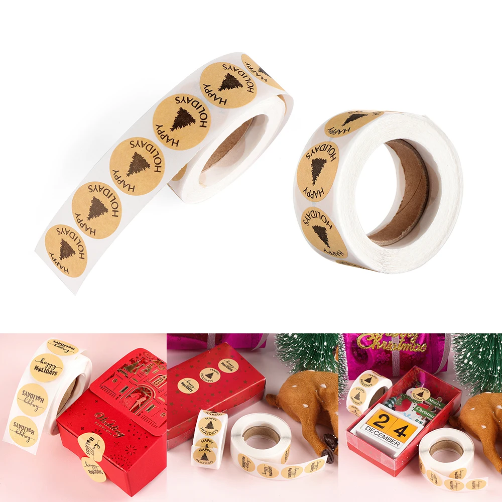 

500PCS Hot Christmas Tree Kraft Handmade with Love Stickers Wedding Party Supplies Olive Branch Cards Box Package Label Sealing