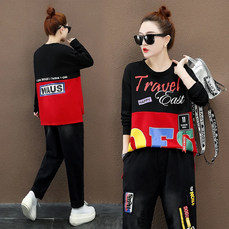 

Autumn Hip Hop Tracksuit Women Two Piece Set Colorblock Letter Print Long Sleeve Top And Pants Female Korean Style 2pcs Outfits