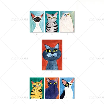 

New Hand Painted Cute Cat Animal Blue Green Abstract Oil Painting Canvas Art Home Decor Wall Pictures Modern No Frame Picture