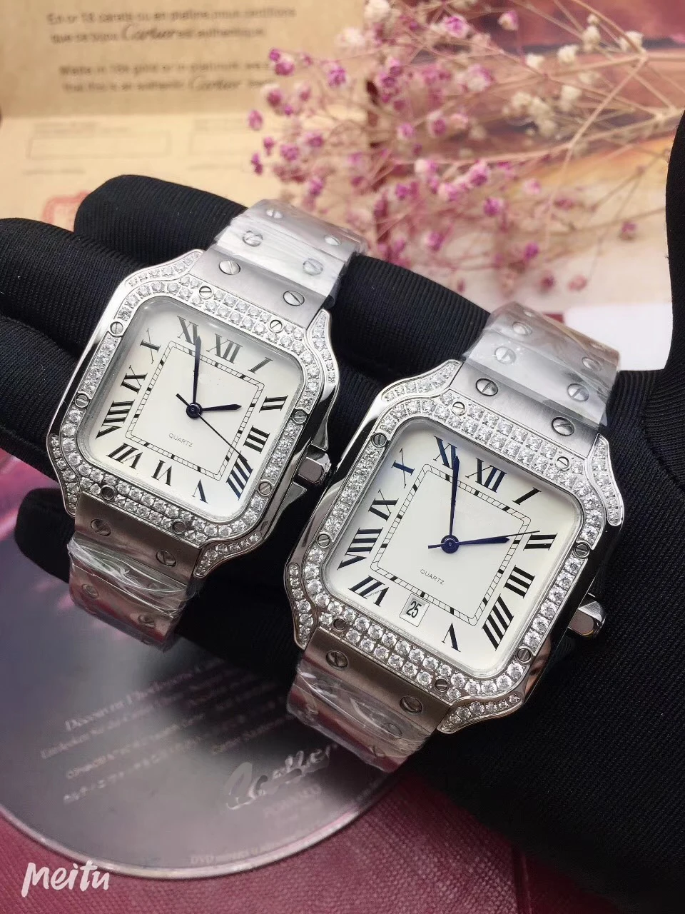 

Luxury Brand New Men Diamond Bezel Watch Women Quartz Sapphire 100 XL Stainless Steel Santos Watches Silver White AAA+ 40mm 35mm