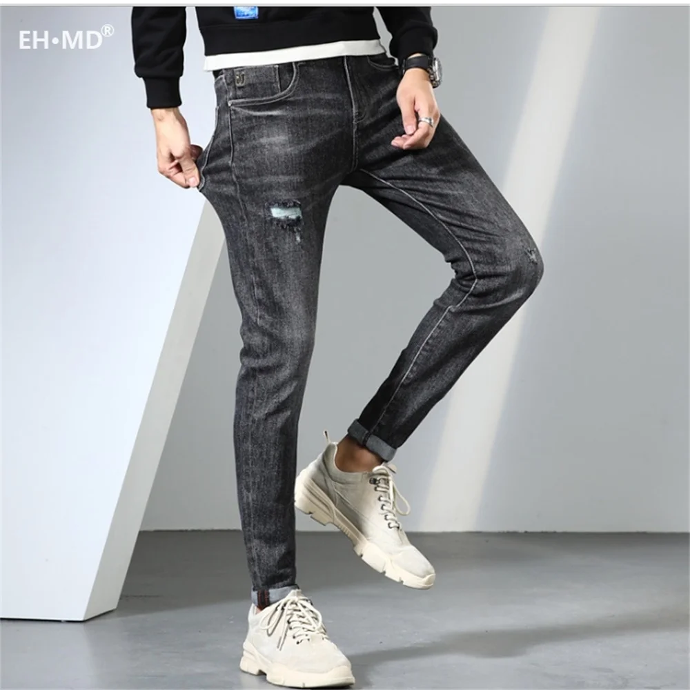 EH·MD® Embroidered Jeans Men's Stretch Word Art Decoration Youth Soft Casual Cotton Slim Pencil Pants Badge Pocket High Street