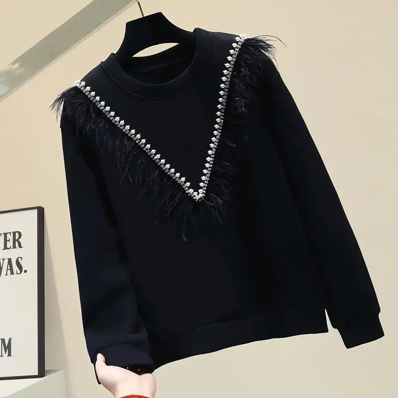 

2021 spring and autumn women new style beaded feather decoration loose casual personality pullover sweater