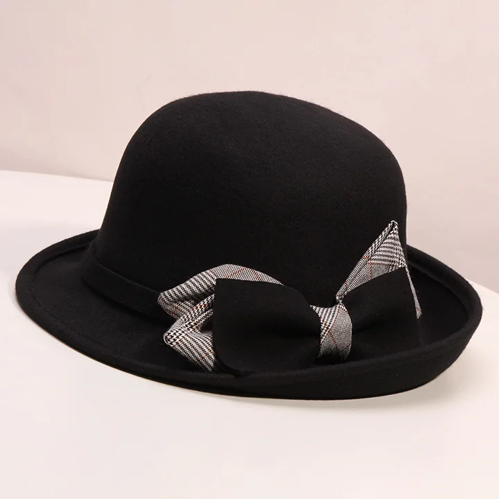 Женские вечерние официальные шляпы fedora, зимние церковные шерстяные фетровые шляпы, асимметричный бант края, шляпа-ведро, шапка для леди 55-58 см