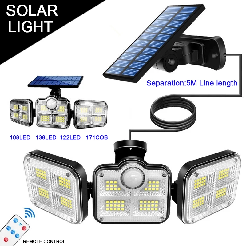

122 LED Super Bright Solar Light Outdoor 3 Head Motion Sensor 270 Wide Angle Illumination Waterproof Wall Lamp for Garden Garage