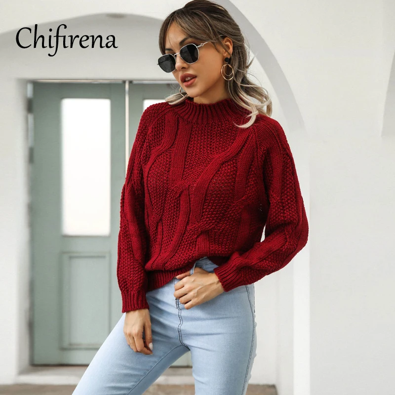 

Chifirena 2020 New Knitted Twist Winter Sweater Women Half Turtleneck Long Sleeve Basic Jumper Casual Red Black Pullover Sweater