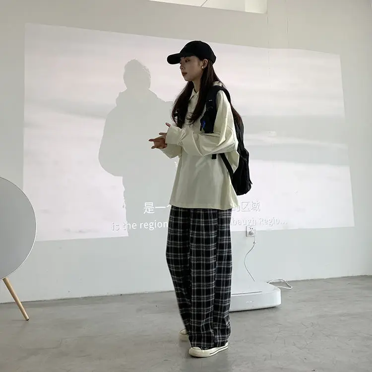 FREE SHIPPING Womens Streetwear Plaid Wide Leg Pants JKP4780