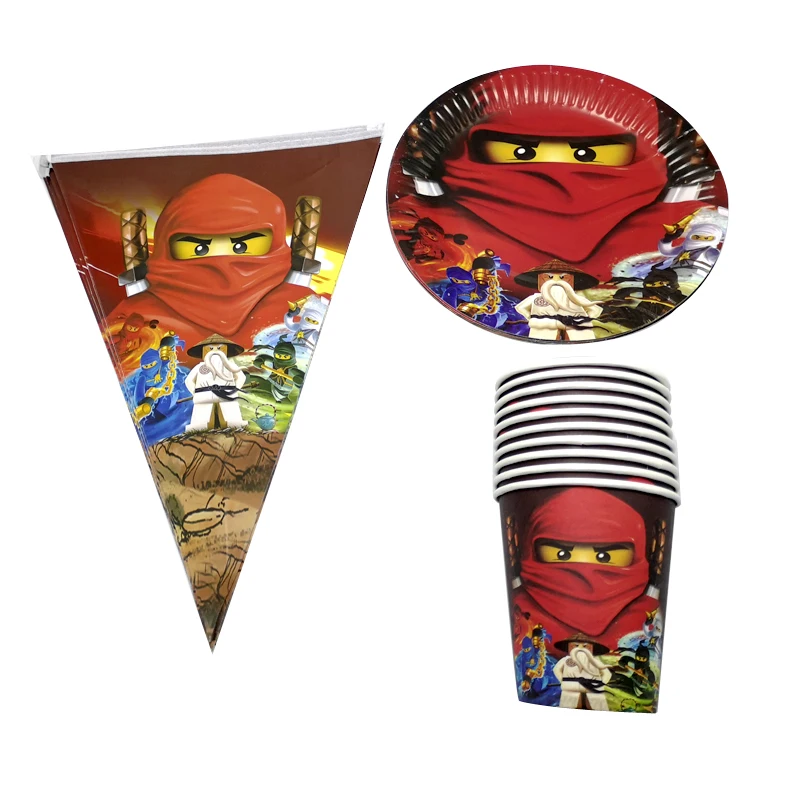 

50pcs/lot Happy Birthday Party Ninjago Theme Tableware Set Plates Paper Cups Kids Boys Favors Flags Baby Shower Hanging Banner