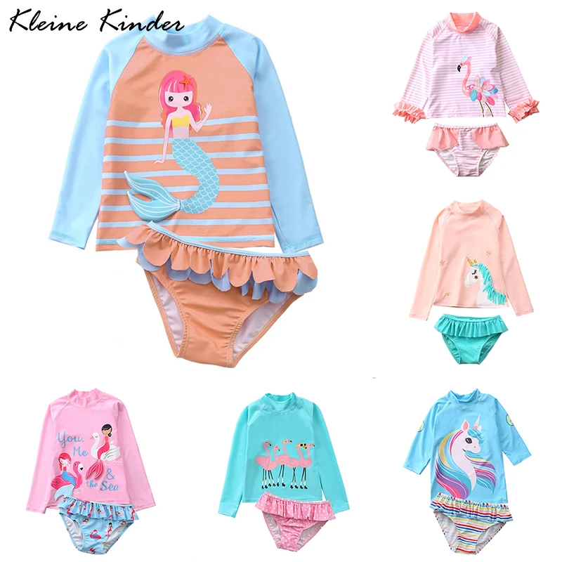 Kids Bathing Suits 2021 New Two Piece Rash Guard Long Sleeves UV Swimsuit Baby Girl Toddler Children Swimming Suit Beach Wear | Спорт и