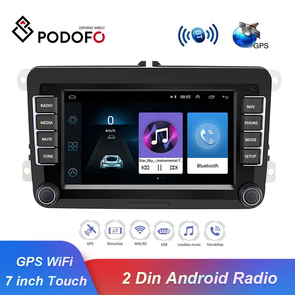 Podofo Android автомобильный мультимедийный плеер 7 "2 Din Bluetooth автомобильное радио gps FM AM радио приемник сенсорный экран автомобиля Стерео