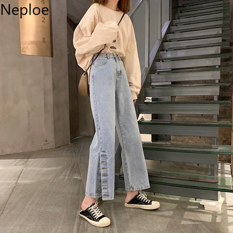 Neploe High Waist Hip Denim Pants Side Cross Button Design Straight Trousers Korean Slim Wild Autumn Spring Pantalones 48232