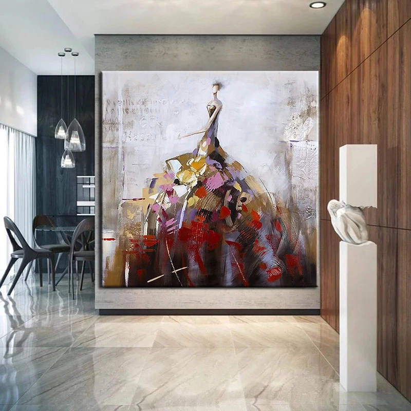 

100% Hand Painted Oil Painting Hand Made Pretty Classic Dancing Girl Character Abstract Frameless Wall Art Decor Modern Canvas