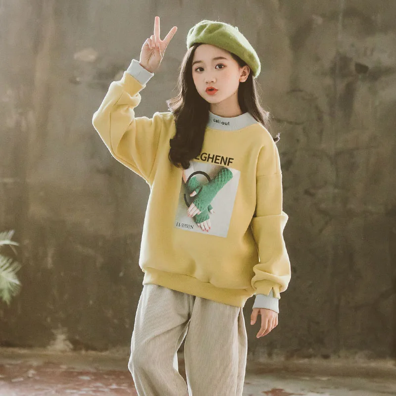 Зимний свитер для девочек-подростков; детские толстовки с капюшоном; флисовая плотная одежда с принтом для девочек; спортивный свитер; Детский костюм; Одежда для девочек 10 лет