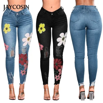 

JAYCOSIN Women's Pants Fashion Wild Print Hole Slim Long Jeans Pant Skinny Trousers Stretch Elastic Cowboy Vaqueros Mujer 2020 J