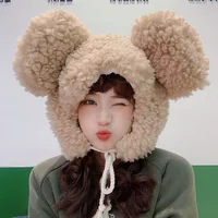 women's winter hat 2021 Fashion Solid Beanies Cute Bear Ears Warm Hat Windproof Cap Earflap hat Lamb hair Cap Female Hat Present 2