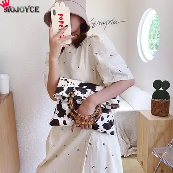 

Vintage Cow Milk Pattern Women Handbag Classic Texture Delicate Creative Design Chic Bamboo Handle Totes PU Large Shopping Bag