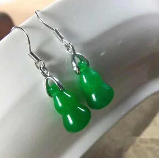 

925 Silver Beautiful Green Jade Bottle Gourd Dropping Necklace Hook Earring