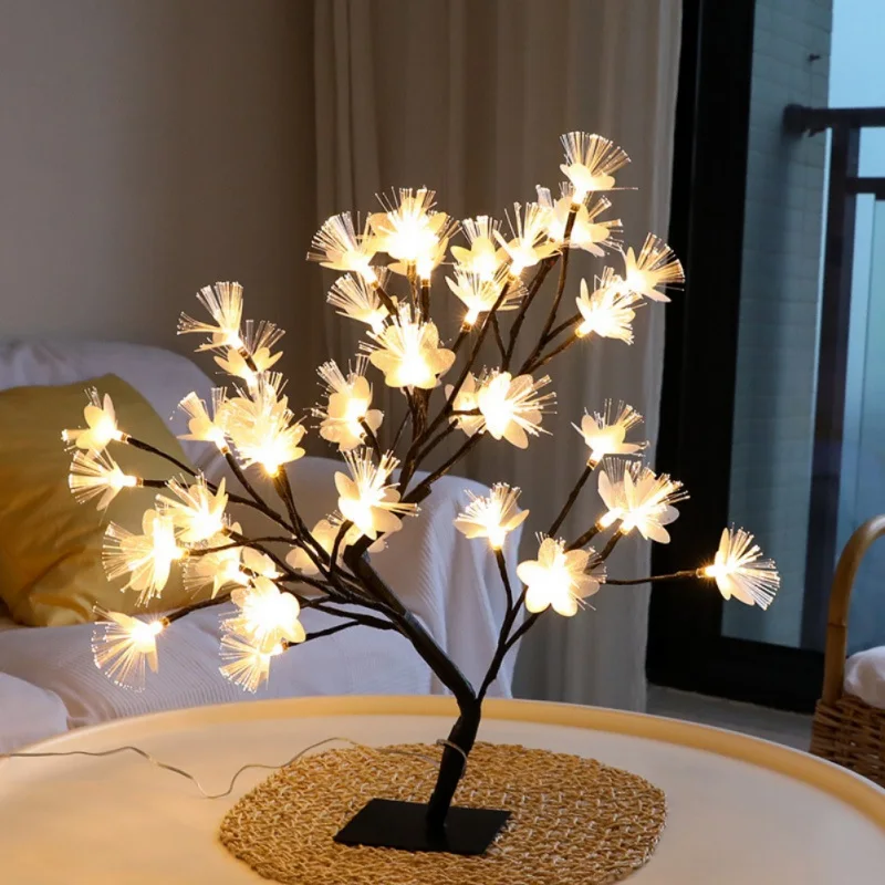 

European Plug-In 48 LED Light Black Fiber Optic Tree Light Home Bedroom Decor Wedding Banquet Bar Decoration Birthday Gift