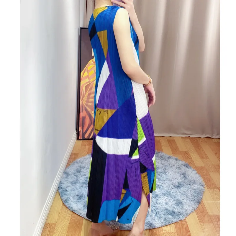 [DEAT] 2020 New Summer Fashion Pleated Dress Women Hit Color Print Csaul Sleeveless Loose Over Size Elegant Round Collar TX069