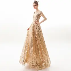Новое Вечернее платье с v-образным вырезом vestido de festa, торжественное вечернее платье, роскошные золотые длинные пайетки, платья для