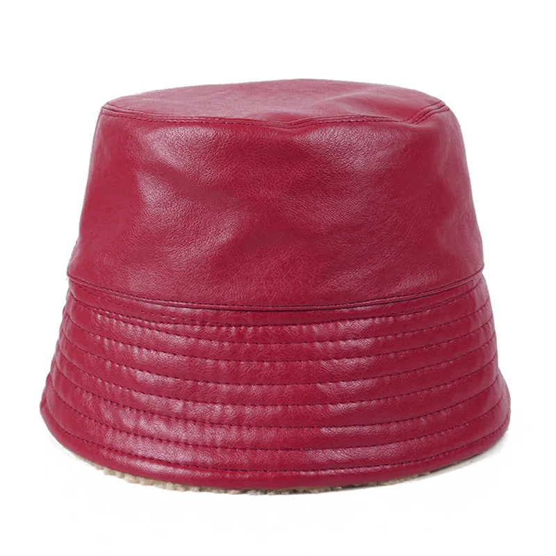 Новая шляпа женская из искусственной кожи Рыбацкая шляпа Женская японская осенне-зимняя модная Панамка Корейская дикая плюс бархатная шапочка мужская - Цвет: wine red