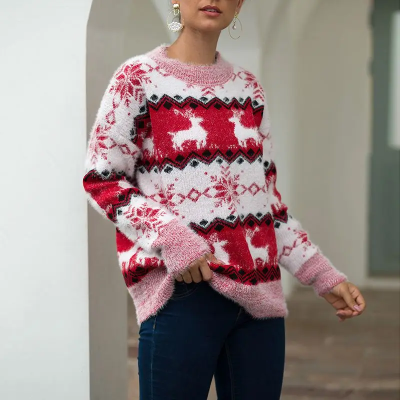 

xiM&M@ch Autum Winter New Christmas Sweater Long-Sleeve snowflake and Rudolph Pattern Loose fit Knitted Pull over CM08071F