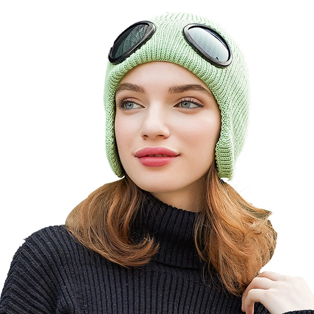 Wool Knitted Goggles Beanie Sports Cap Leisure Thermal Warm Autumn Winter Hat Heat Keeper Ear Snow Cold Protector - Цвет: Green
