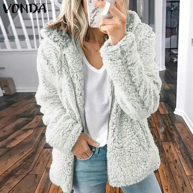 price cut  VONDA 2019 Autumn Winter Coat Women Faux Fur Hooded Coats Jackets Zipper Long Sleeve Thicken Fleece