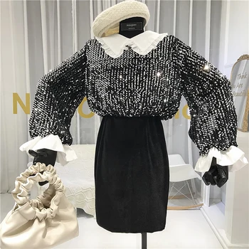 

Sequined Patchwork Velvet Vintage Long Sleeve Dress Knee-Length Peter Pan Collar Korean Fashion Dresses Black 2019 New