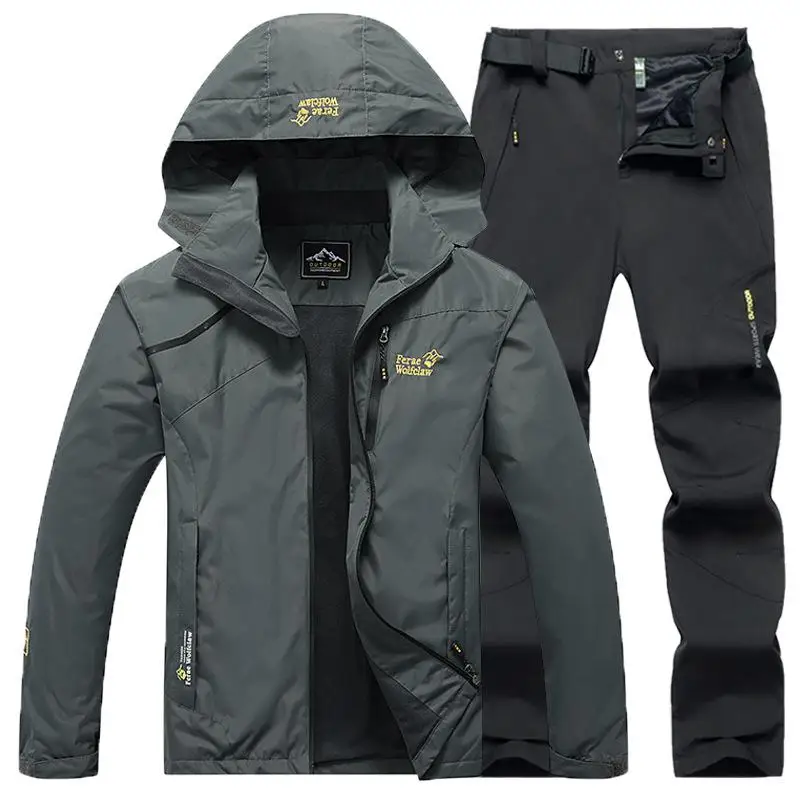 Новинка года, мужские зимние водонепроницаемые лыжные теплые флисовые теплый флис для походов, походная куртка для походов, походная куртка, комплект со штанами, M-6xl - Цвет: grey