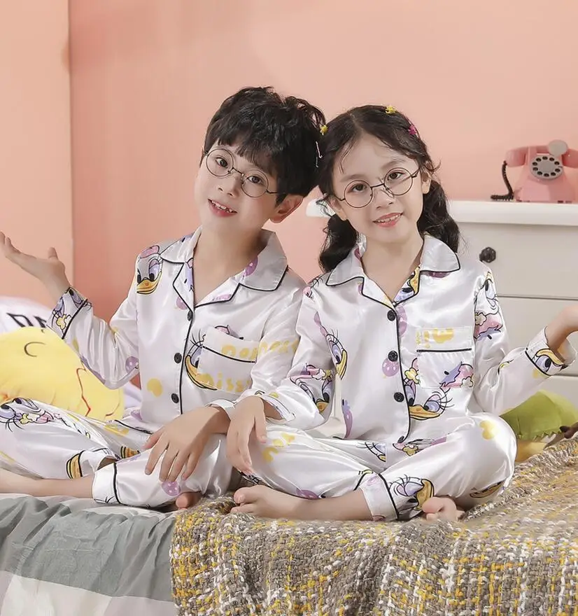 New Button-Down Spring Autumn Children Satin Pajamas Sets Kids Girls Solid Silk Long Sleeve 2 Pieces Tops+Pants Sleepwear Pyjama