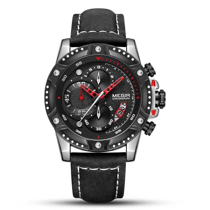 

Popular Brand New Style Megir Natural Detox Gainer Watch Men Multi-functional Timing Genuine Leather Sports Quartz Watch 2130