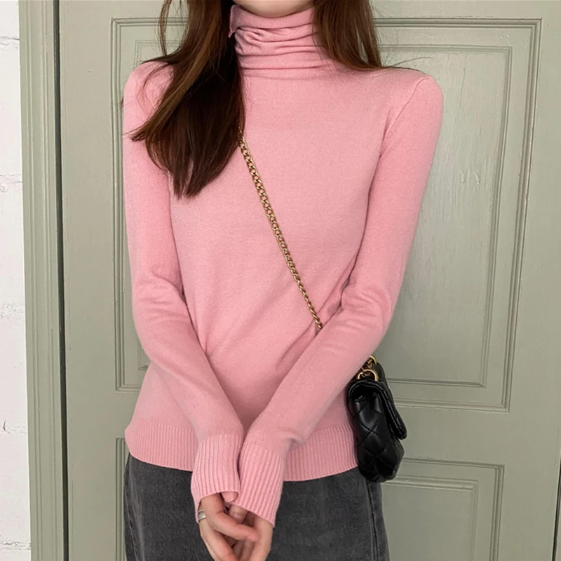 

2020 Women's Knitted Sweater Pullover Green Turtleneck Casual Soild Elasticity Korean Sweterek Damski Long Sleeve Jumper Mujer
