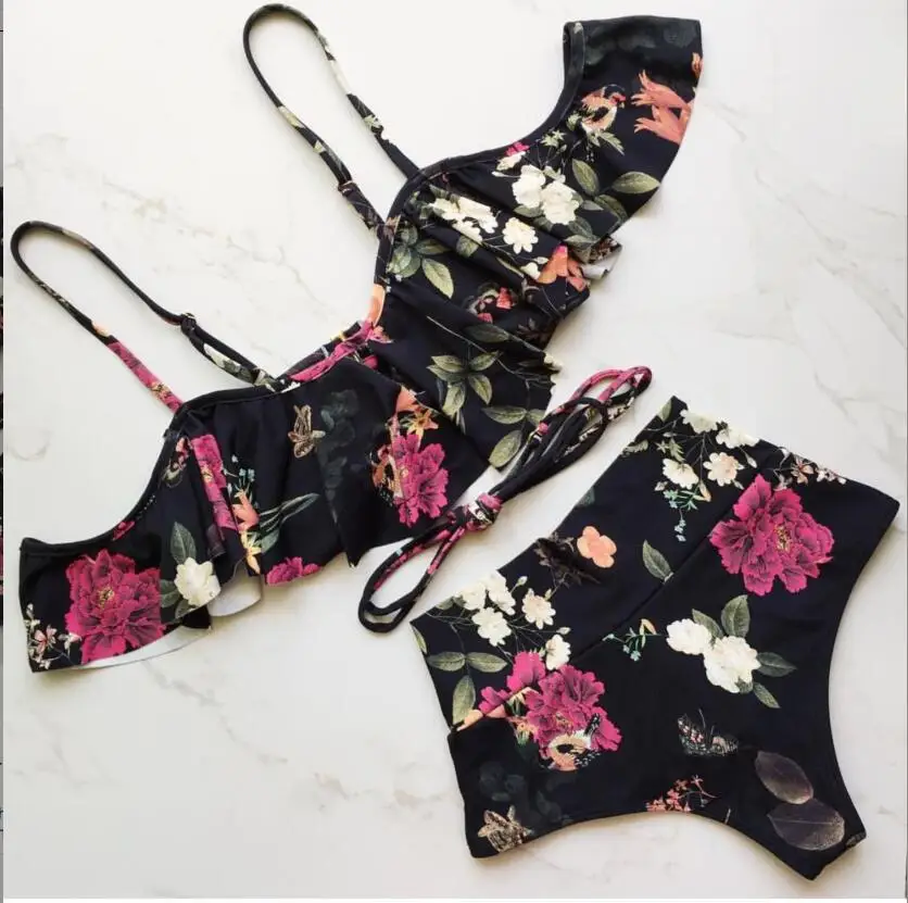 

Floral Print Bikini Set Falbal Two Piece Swimsuit Women Swimwear Elegant Female Swimming Suit Lace Up Beach Wear Bathing Suit