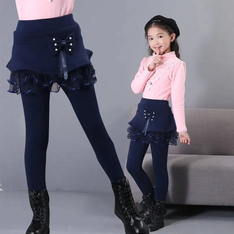 

3-14T Girls Winter Plus Velvet Pants Leggings For Girls 2019 New Lace False Two Piece Pants Skirt Warm Wear Outside Pants