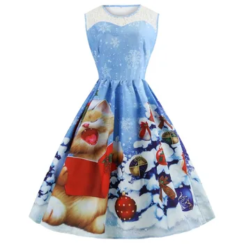 

Christmas Dress Women Santa costume Printed Dress Elegant Sleeveless Party Dress Plus Size Dresses Vestidos Free Shipping