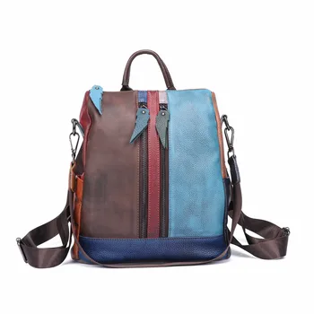 

Panelled Soft Leather Handmade Vintage Women Backpack Female Bags Cow Leather Backpack Patchwork Colorful Bag
